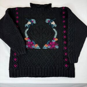 LL Bean Vintage Wool Sweater Black Floral Embroidered Cable Knit Mock Neck M
